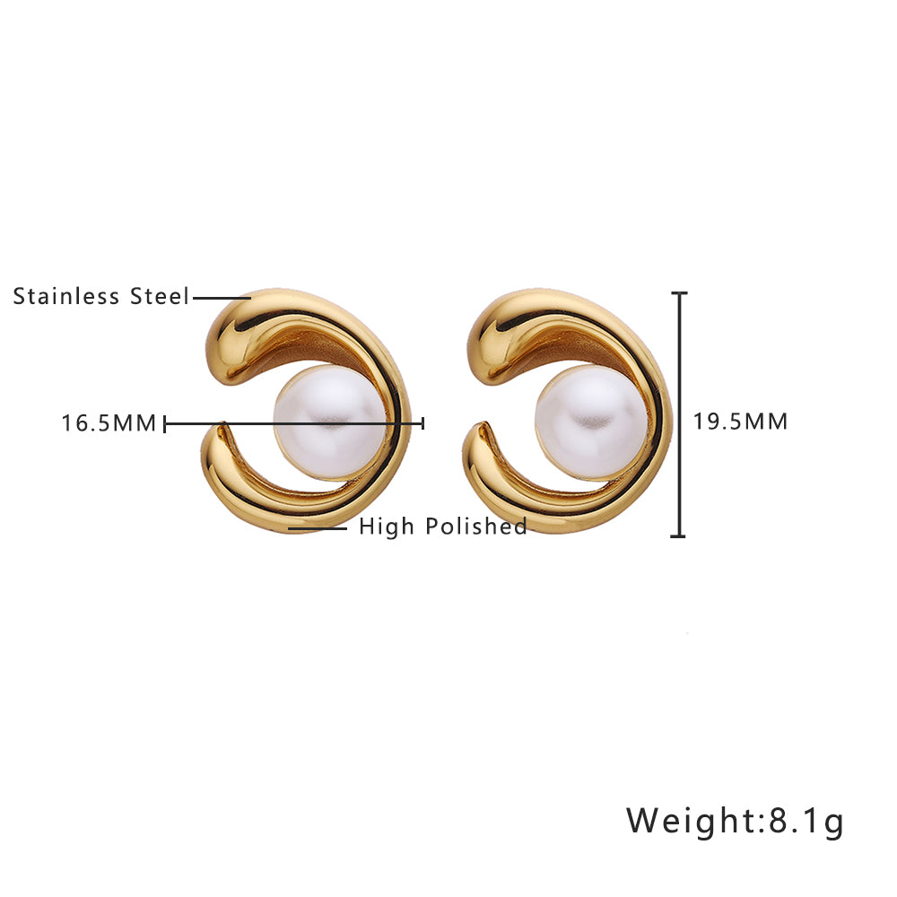 C-shaped Stud Earrings with Round Beads