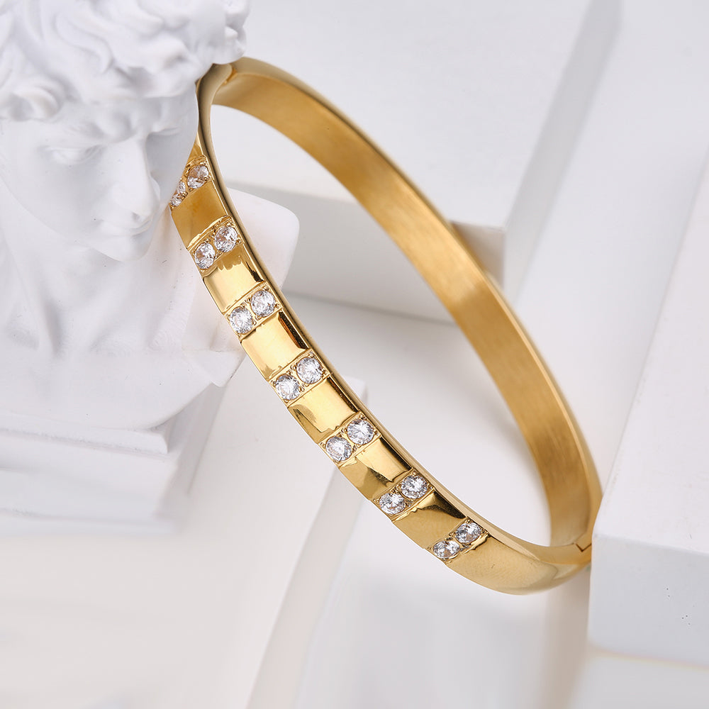 Stainless steel 18K gold plated three diamond zircon bangle