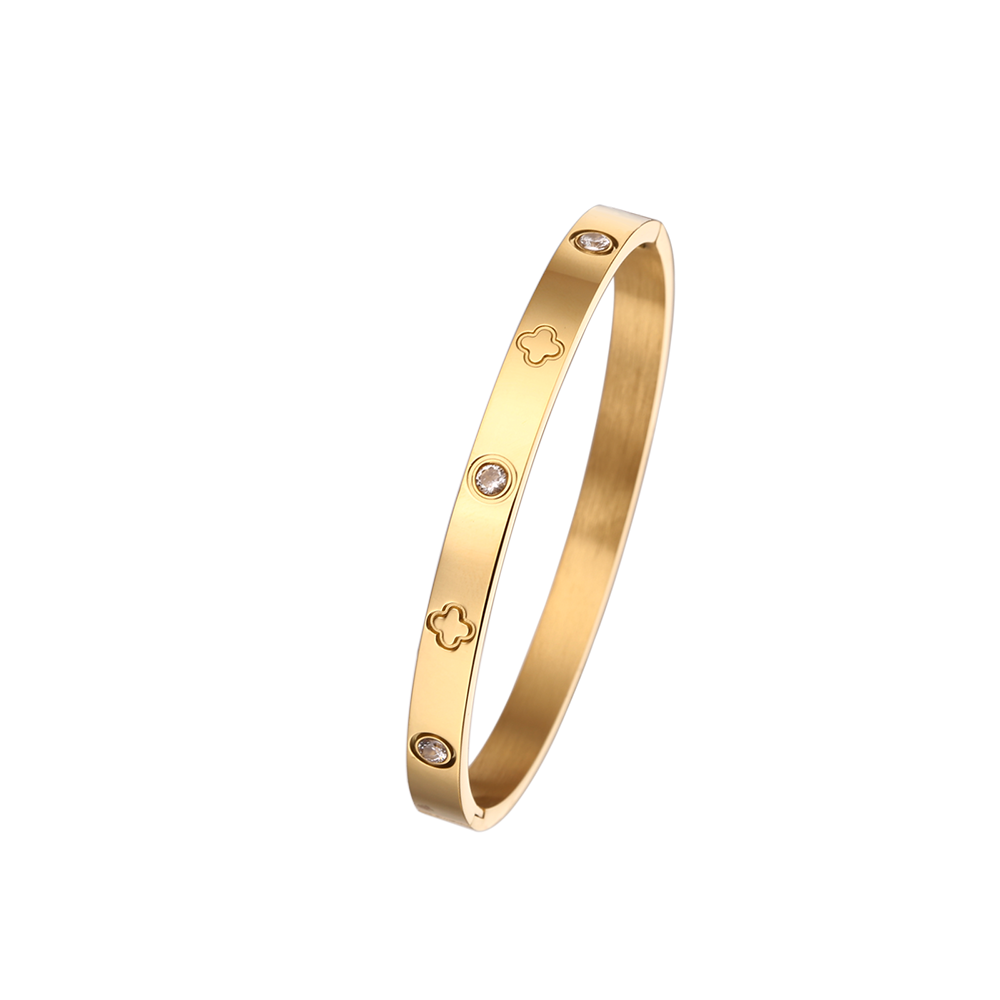 Stainless steel 18K gold-plated four-leaf clover round pearl bangle