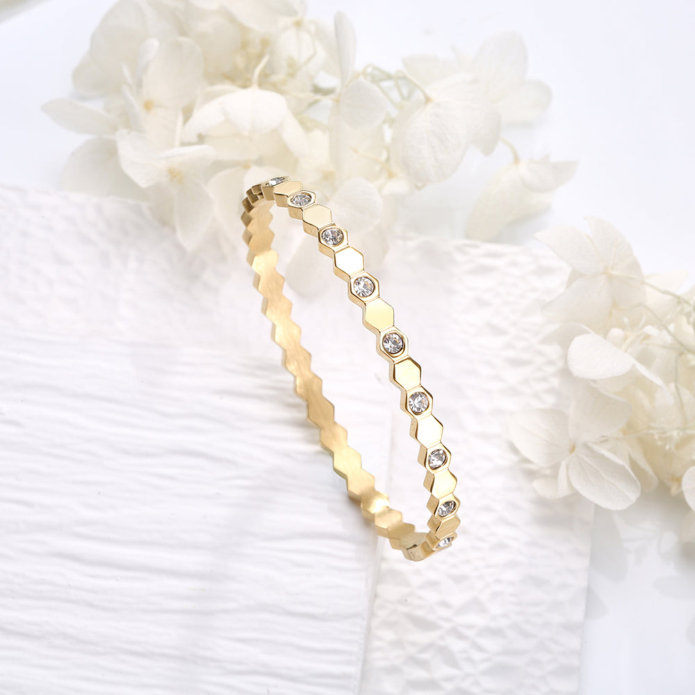 Stainless steel 18K gold plated hexagonal zircon bangle