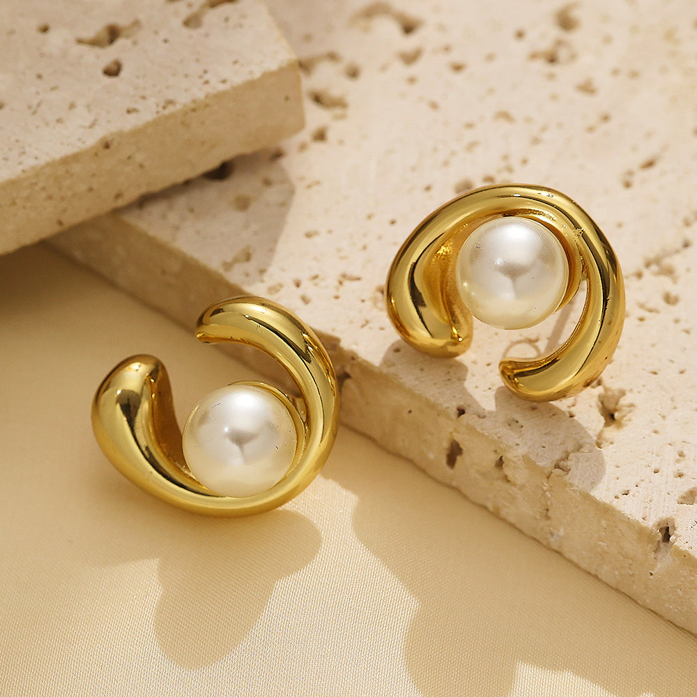 C-shaped Stud Earrings with Round Beads
