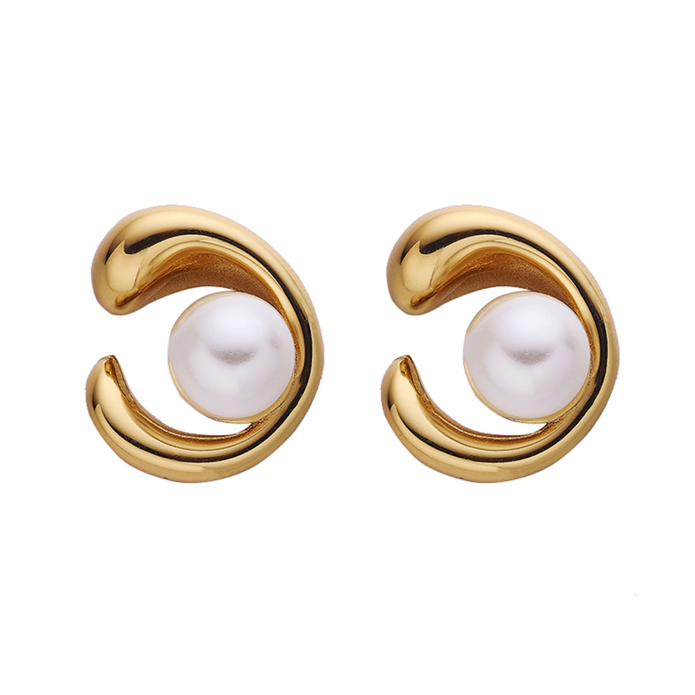 C-shaped Stud Earrings with Round Beads