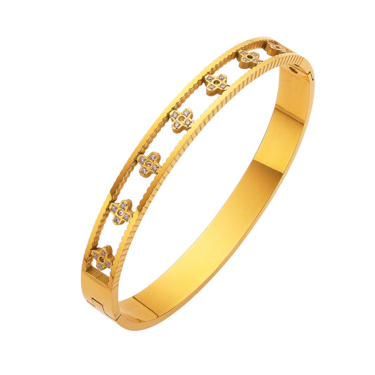 Stainless steel 18K gold plated hollow four-leaf clover bangle