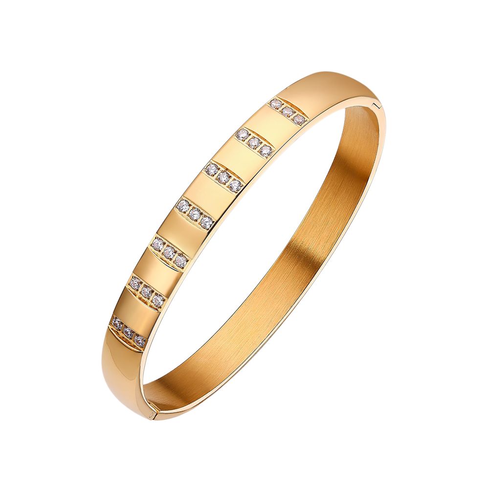 Stainless steel 18K gold plated three diamond zircon bangle