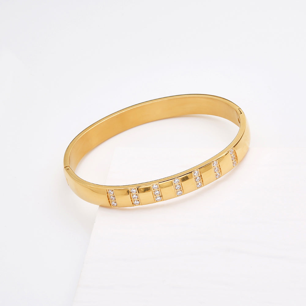 Stainless steel 18K gold plated three diamond zircon bangle