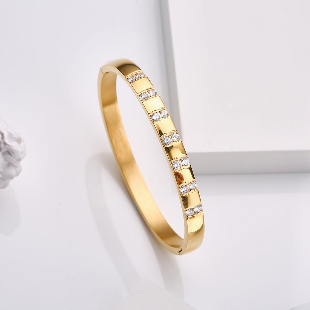 Stainless steel 18K gold plated three diamond zircon bangle
