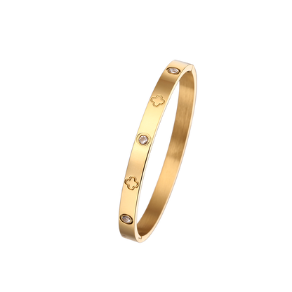 Stainless steel 18K gold-plated four-leaf clover round pearl bangle