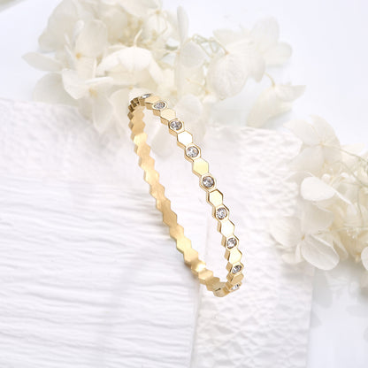 Stainless steel 18K gold plated hexagonal zircon bangle