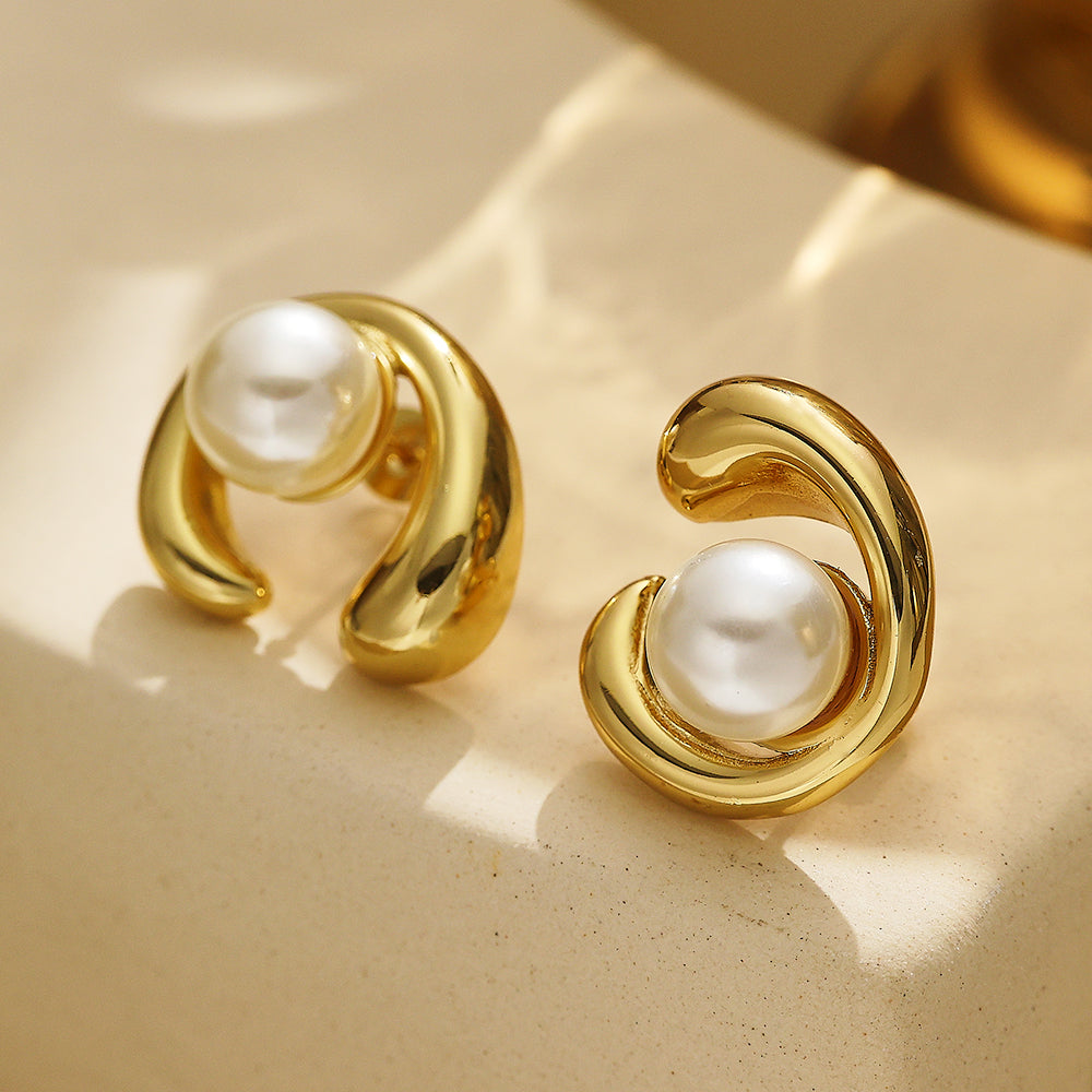 C-shaped Stud Earrings with Round Beads