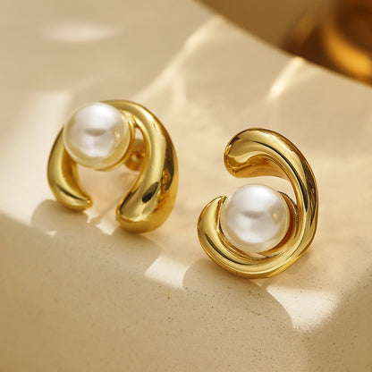C-shaped Stud Earrings with Round Beads