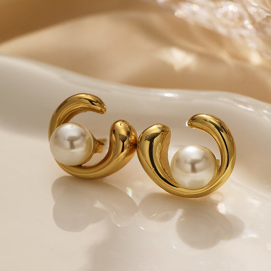 C-shaped Stud Earrings with Round Beads